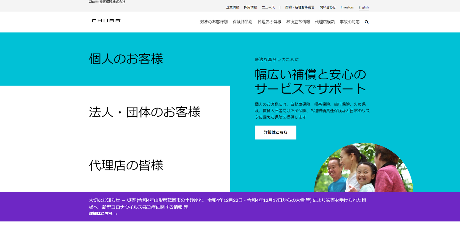 チャブ保険のWebサイト