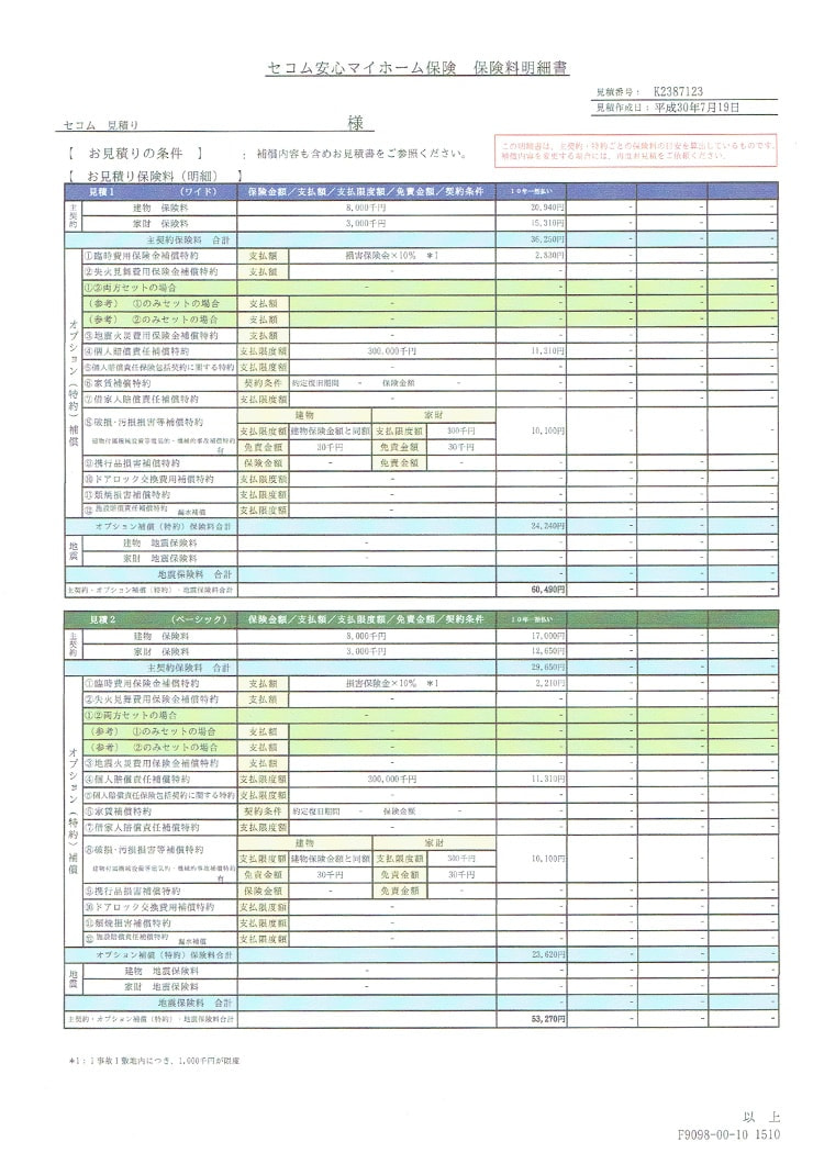 セコム損保の保険料明細書の例