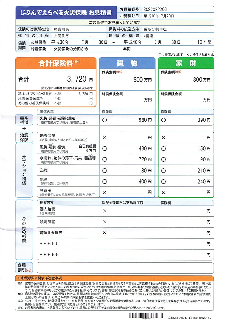 セゾン自動車火災保険のお見積書