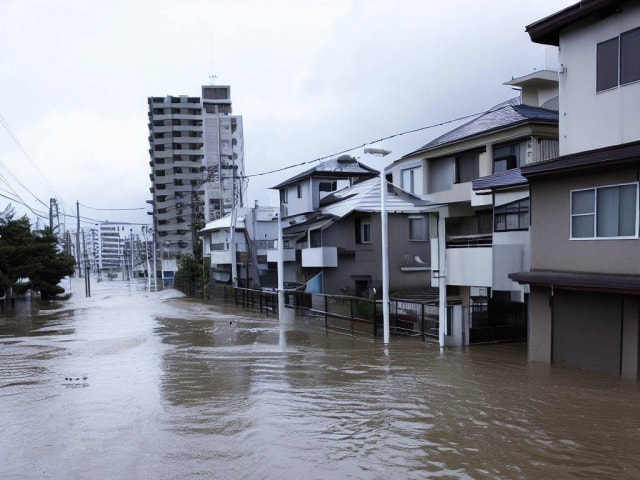 大雨で冠水した道路